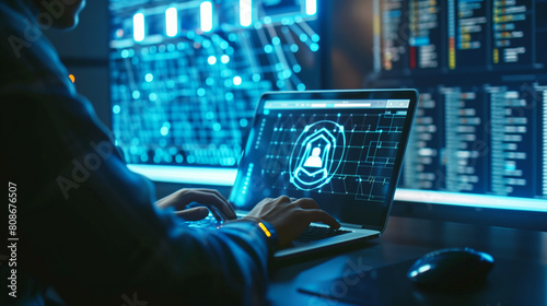 Cybersecurity professional enhancing network security by analyzing a shield icon on a laptop in a high-tech workspace