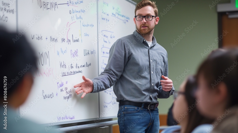 an computer science lecturer in a classroom standing at a whiteboard explaining an algorythm problem to university students. Lecturer is a 30s male wearing a shirt and jeans. generative AI an computer science lecturer in a classroom standing at a whiteboard explaining an algorythm problem to university students. Lecturer is a 30s male wearing a shirt and jeans. generative AI