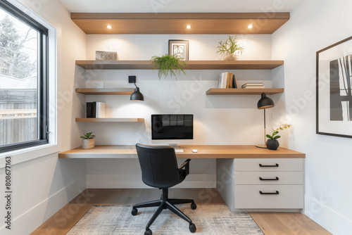 Minimalist home office featuring stylish floating shelves, a built-in desk, and ample natural light