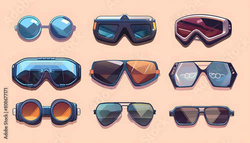 Clipart of contrasting eyewear styles from classic aviators to futuristic visor glasses arranged t Generative AI