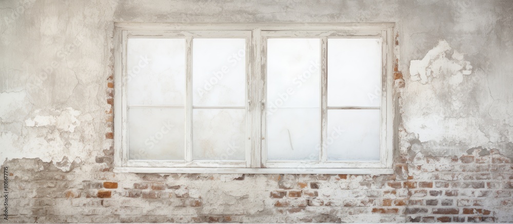 The weathered window showcases its age against the backdrop of a white concrete and brick wall offering a rough texture Plans serve as a background leaving ample copy space in the image The weathered window showcases its age against the backdrop of a white concrete and brick wall offering a rough texture Plans serve as a background leaving ample copy space in the image