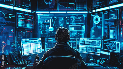 An individual in a high-tech monitoring room oversees multiple screens displaying advanced cyber security data and analytics. photo