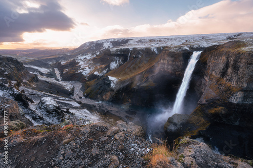 Sunset at Haifoss and Granni Falls in Autumn, Iceland