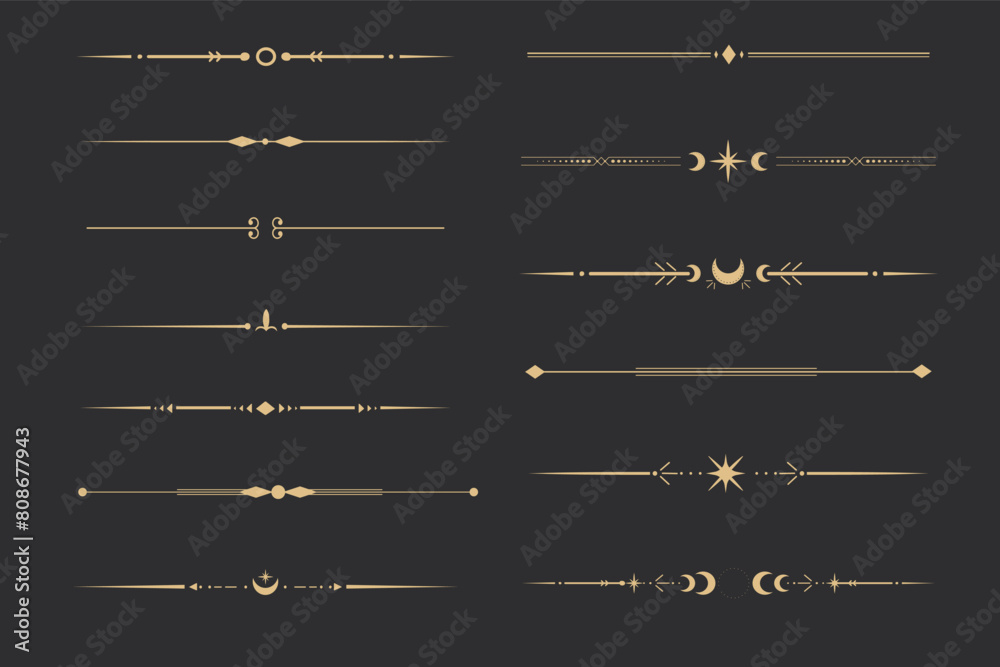 Golden divider celestial border with stars moon and sun thin line elegant simple decoration, mystic tarot separator, minimalist magic gold design element on dark background