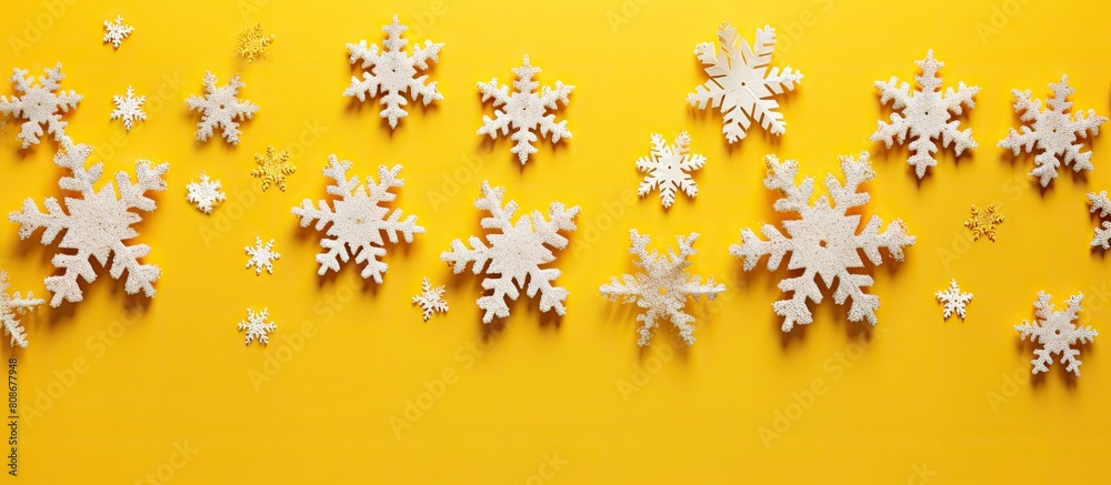 An image depicting snowflakes on a yellow backdrop The scene evokes a festive ambiance representing the holiday spirit and the concepts of Christmas and New Year The viewpoint is from the top present An image depicting snowflakes on a yellow backdrop The scene evokes a festive ambiance representing the holiday spirit and the concepts of Christmas and New Year The viewpoint is from the top present