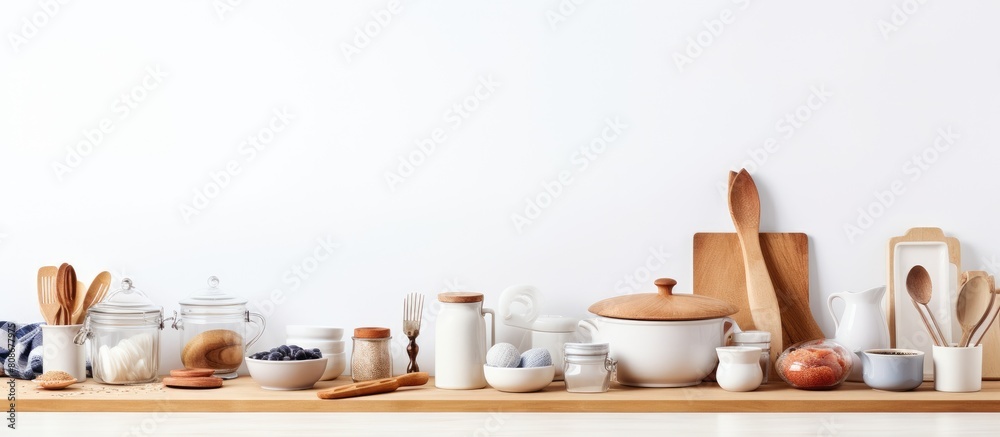 Front view of a kitchen setup on a white background with a teapot cups rolling pin bowls and various cooking and baking utensils on the table A blank space is available for text making it perfect for Front view of a kitchen setup on a white background with a teapot cups rolling pin bowls and various cooking and baking utensils on the table A blank space is available for text making it perfect for