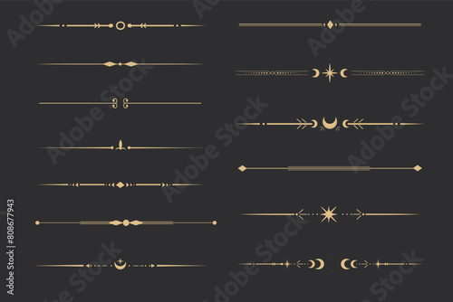 Golden divider celestial border with stars moon and sun thin line elegant simple decoration, mystic tarot separator, minimalist magic gold design element on dark background