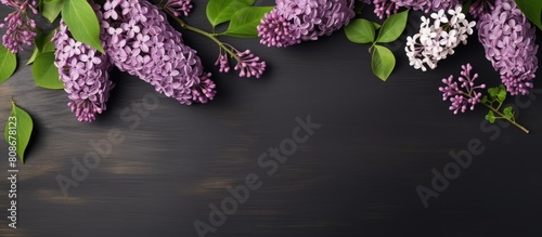 Top down view of Syringa vulgaris also known as lilac showcasing its beautiful spring flowers A chalkboard backdrop creates a perfect canvas for text making it an ideal choice for a Mother s Day gree photo