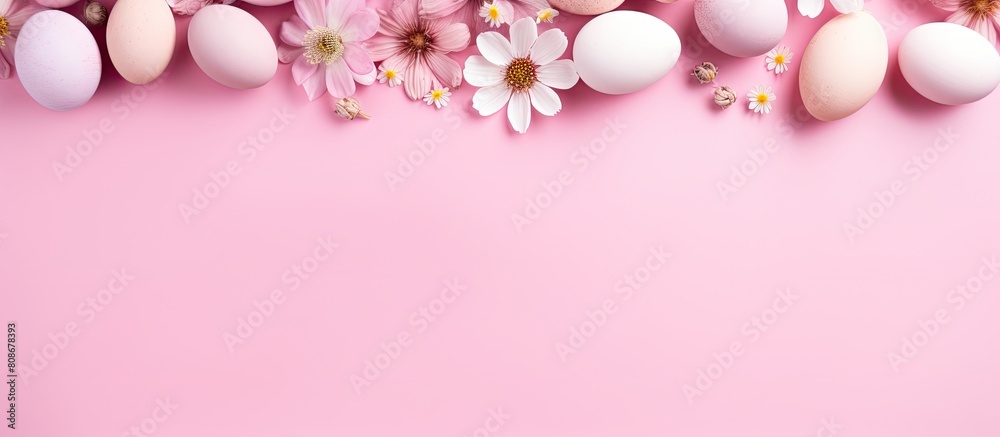 A pastel pink background with a flat lay style features colorful naturally dyed Easter eggs and spring flowers The image includes copy space for text A pastel pink background with a flat lay style features colorful naturally dyed Easter eggs and spring flowers The image includes copy space for text