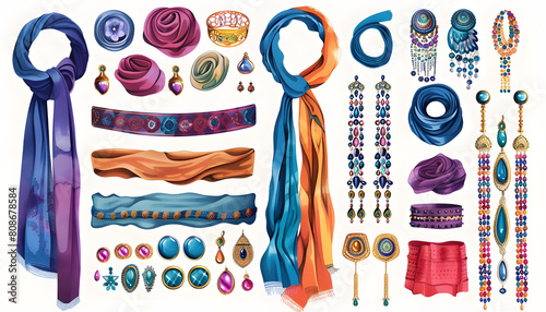Clipart of colorful fashion accessories like scarves belts and jewelry grouped according to style Generative AI photo