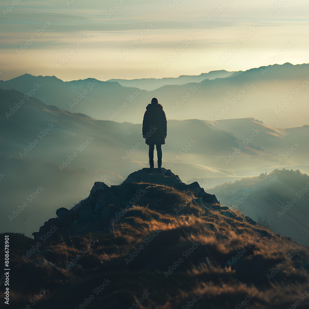Silhouette of person standing on top of the mountain with blurry background.