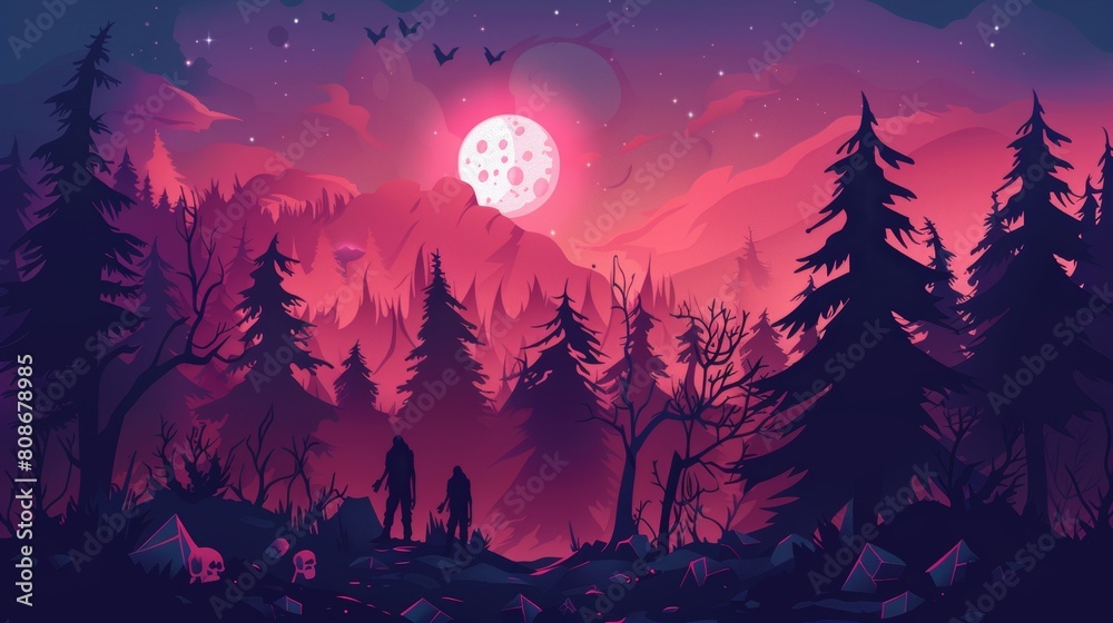Modern spooky Halloween background with ghost and zombie in dark forest at night. Modern cartoon spooky illustration of midnight landscape with coniferous trees, full moon, spirit, and silhouette of