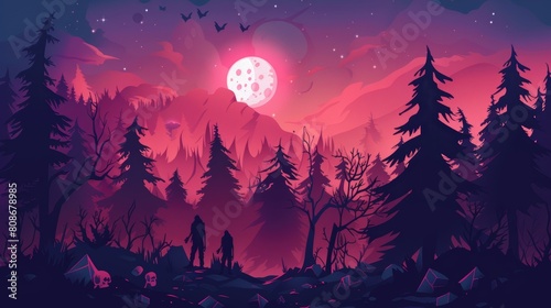 Modern spooky Halloween background with ghost and zombie in dark forest at night. Modern cartoon spooky illustration of midnight landscape with coniferous trees, full moon, spirit, and silhouette of © Mark