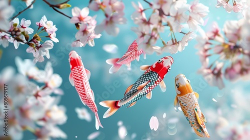 The essence of spring with a background of blooming cherry blossoms and colorful koinobori carp streamers swaying in the breeze.golden week japan. photo