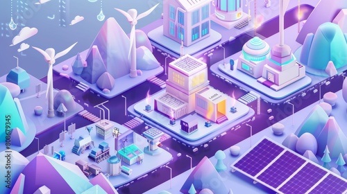 An isometric landing page dedicated to renewable energy sources. This page features all the products of clean and ecologically alternative energy sources such as windmills and solar panels as well as photo