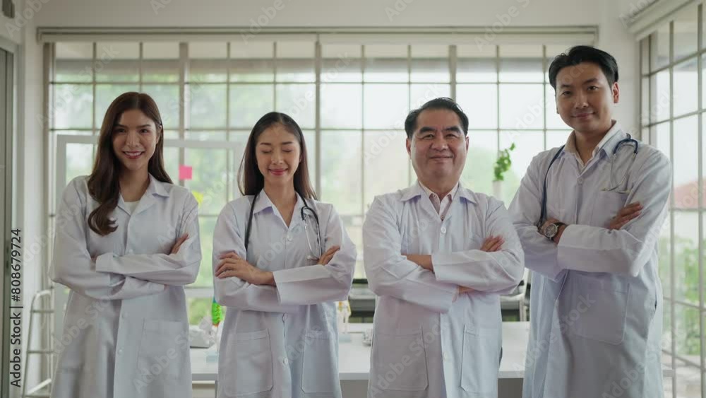 Successful team of asian medical doctors in uniform standing with arms crossed, smiling to camera in hospital. Professional of asian doctors. Confidence teamwork Successful team of asian medical doctors in uniform standing with arms crossed, smiling to camera in hospital. Professional of asian doctors. Confidence teamwork