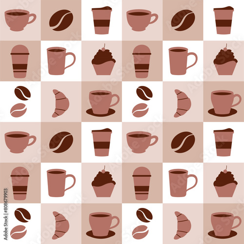 Coffee Time Seamless Pattern Design With Cacao Beans, Grains and Jug in Cartoon Flat Illustration
