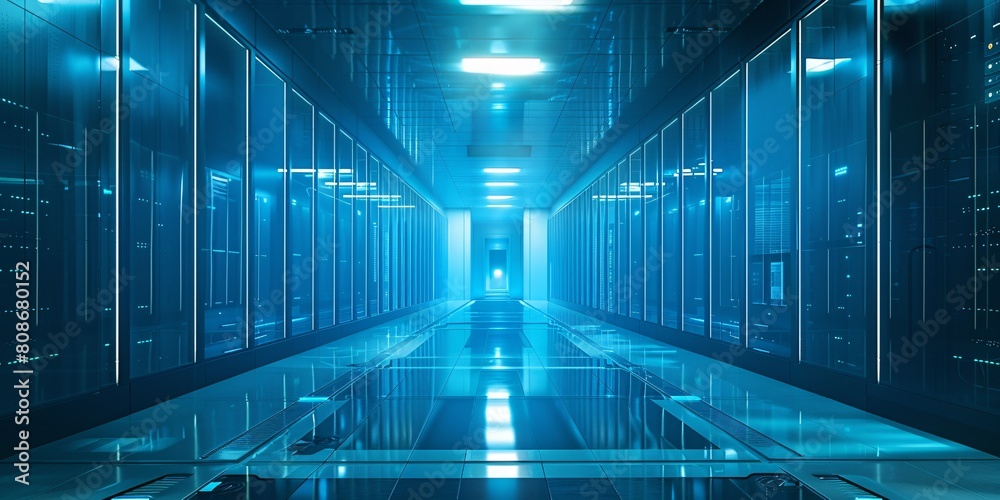 A cutting-edge server room with blue lights and room for text, featuring advanced digital interfaces in a data center setting. A cutting-edge server room with blue lights and room for text, featuring advanced digital interfaces in a data center setting.