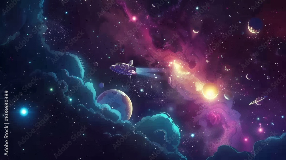 A spaceship flying in outer space with planets, an explosion star, and a glowing nebula in the dark sky. Interstellar travel by shuttle, exploration of the cosmos or universe, fantasy cartoon A spaceship flying in outer space with planets, an explosion star, and a glowing nebula in the dark sky. Interstellar travel by shuttle, exploration of the cosmos or universe, fantasy cartoon