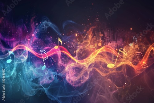 Vibrant music notes dance in abstract waves, evoking harmony and rhythm.