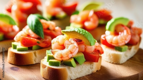 Bruschetta, delightful fresh shrimp and avocado slices lie in a row open sandwich , on a light background