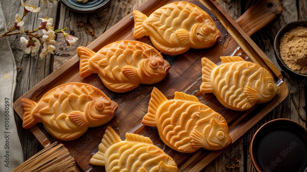 Fish-shaped cakes filled with sweet red bean paste or custard cream Fish-shaped cakes filled with sweet red bean paste or custard cream