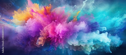 A vibrant abstract powder explosion frozen in motion creates a multicolored glittery textured background perfect for a copy space image