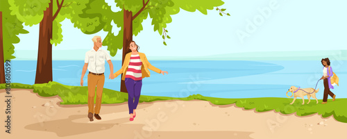 A vector illustration of people and a dog walking along a lakeside path with trees and grass. Vector illustration