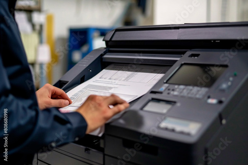 A professional sharp image of hands placing paper on an office copier ready to duplicate documents for business purposes photo
