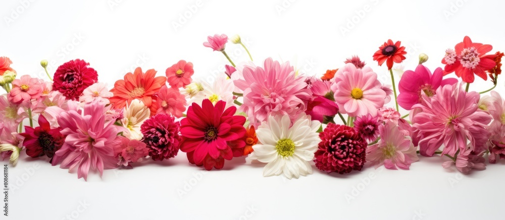 A stunning arrangement of pink and red flowers on a white backdrop perfect for a copy space image