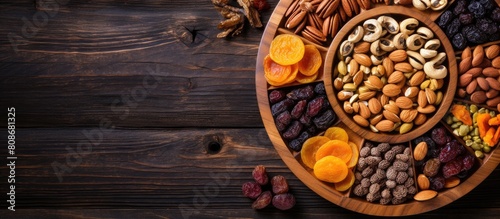 Top view of a wooden platter adorned with a delicious assortment of dried fruits and nuts This vegetarian delight creates an inviting copy space image