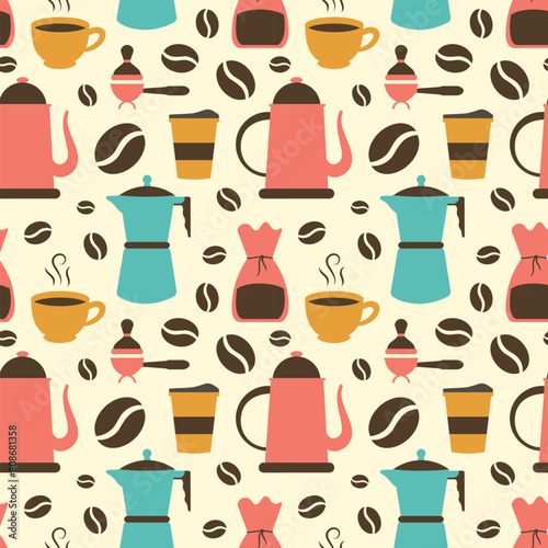 Coffee Time Seamless Pattern Design With Cacao Beans, Grains and Jug in Cartoon Flat Illustration