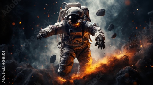 Astronaut in striking spacesuit approaching a black hole