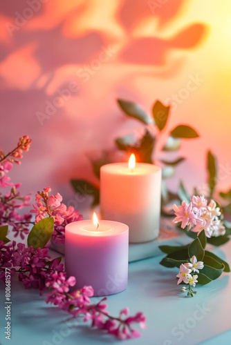 Two candles are lit on a table with flowers in the background. The candles are purple and white, and the flowers are pink. The scene creates a warm and inviting atmosphere