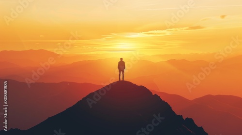 A silhouette of a leader standing on a hilltop, gazing out at a vast landscape, signifying visionary thinking and setting the course for success