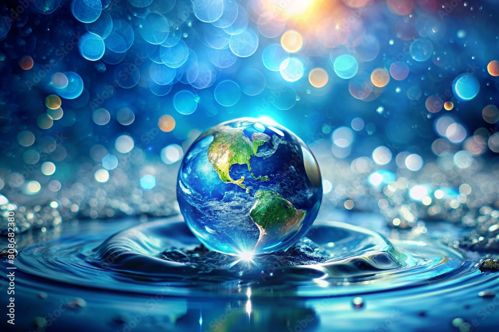 The concept of the holiday is World Water Day and Earth Day. The planet earth is in clear water with drops and splashes. Beautiful bokeh. The concept of the holiday is World Water Day and Earth Day. The planet earth is in clear water with drops and splashes. Beautiful bokeh.