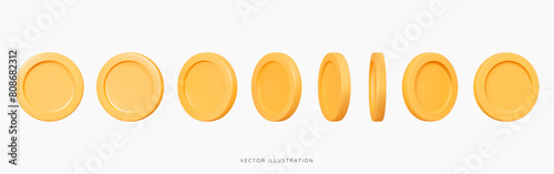 3D Golden coin turnaround, rotation at different angles for animation. Set of spinning coins. Cartoon icon elements for game. Floating money. Casino jackpot concept. 3D Vector Illustration