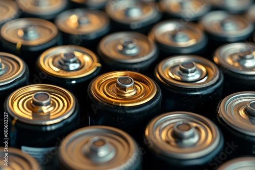 Static Closeup shot of multiple batteries cells. Storage of alkaline battery with positive ends. Generate ai