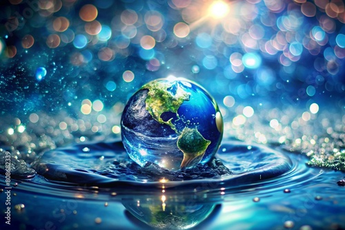 The concept of the holiday is World Water Day and Earth Day. The planet earth is in clear water with drops and splashes. Beautiful bokeh.