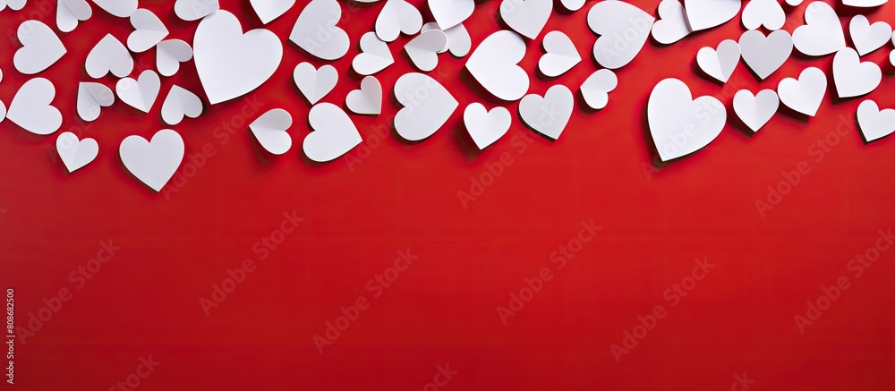 A red background serves as the backdrop for a beautiful display of white paper hearts arranged in a flat lay composition This composition offers ample space for adding text A red background serves as the backdrop for a beautiful display of white paper hearts arranged in a flat lay composition This composition offers ample space for adding text