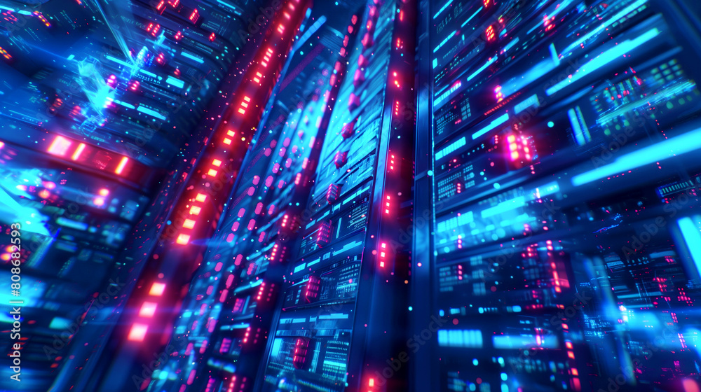 Abstract data center with glows and circuits highlighting futuristic network connectivity