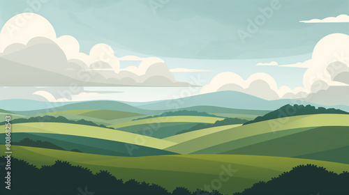 Rolling green hills under a cloudy sky in a tranquil landscape.