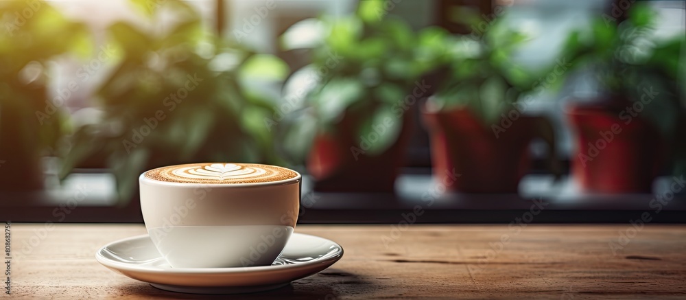 In the coffee shop cafe there is a cup of coffee placed on a table with ample copy space for images