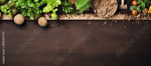 A top view of gardening tools on fertile soil texture background exemplifying the gardening or planting concept The image portrays someone working in a spring garden with a flat lay mockup and a bord photo