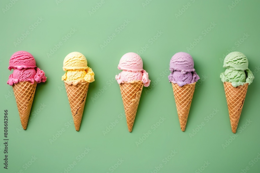 Colorful ice cream in waffle cones on green background, top view Colorful ice cream in waffle cones on green background, top view