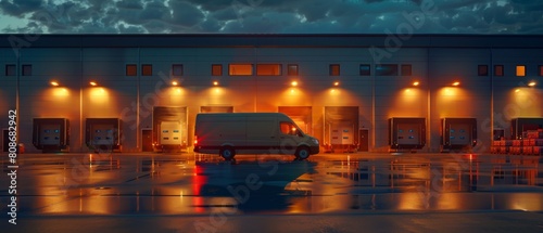 Warehouse and delivery van at Logistics Distributions. Truck delivering online orders, purchases and e-commerce goods. Evening shot with stoplights illuminated.