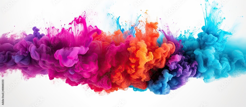 Multicolored powder cloud with an abstract design against a white background provides ample copy space for images Multicolored powder cloud with an abstract design against a white background provides ample copy space for images