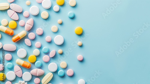 Colorful pills andscapeable tablets in balance on blue background. Space for text, copy space.