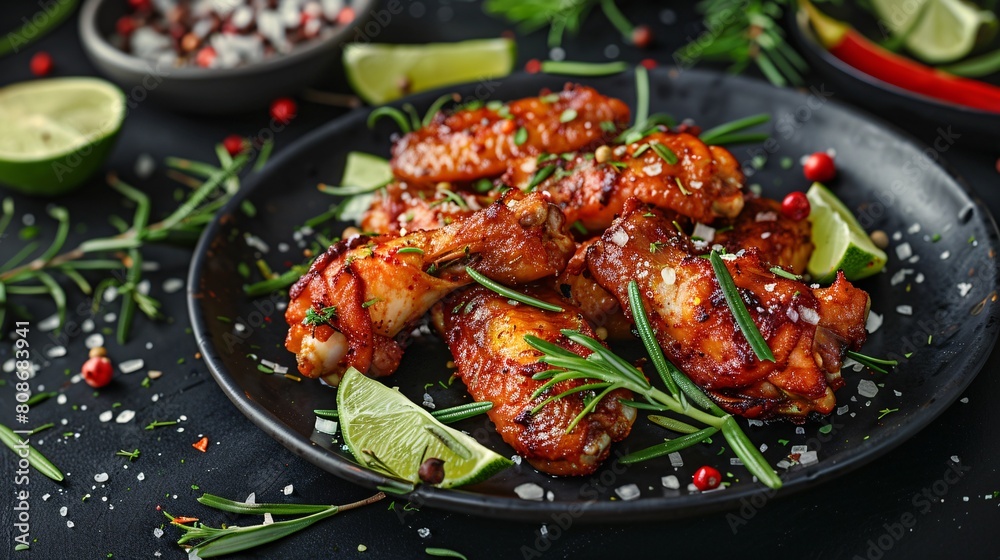 Succulent chicken wings with tangy lime, fragrant rosemary and caramelized onions, served on a sleek black dish against a dark backdrop. Succulent chicken wings with tangy lime, fragrant rosemary and caramelized onions, served on a sleek black dish against a dark backdrop.