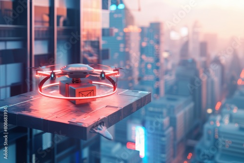 A drone delivering a package to a rooftop landing pad in a futuristic cityscape, showcasing the potential of unmanned aerial vehicles for sustainable deliveries in dense urban environments.
 photo
